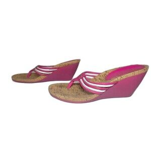 LAUREN RALPH LAUREN LRL Pink White‎ Strap Wedge Slip-On Heel Sandals Women's 7